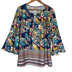 Valerie‎ Stevens Bell Sleeve Colorful Cutout Top Spring Boho Artsy Size XL